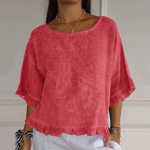 Top in cotone e lino con scollo rotondo e orlo increspato a mezza manica