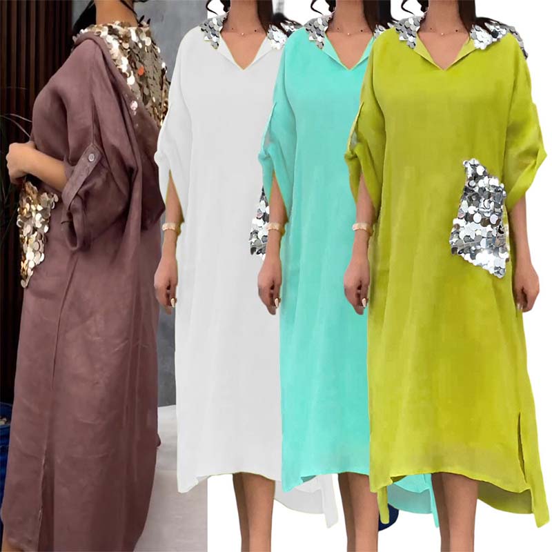 Maxi abito con cappuccio in paillettes a squame di pesce