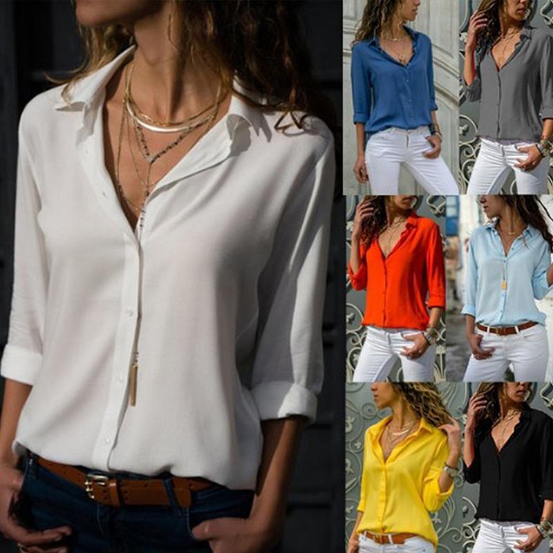 Camicia in chiffon con bottoni scollo a V