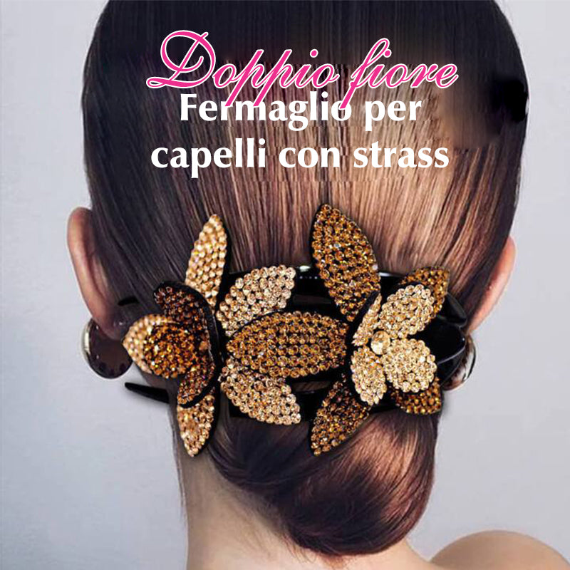 FERMAGLIO PER CAPELLI DOPPIO FIORE CON STRASS