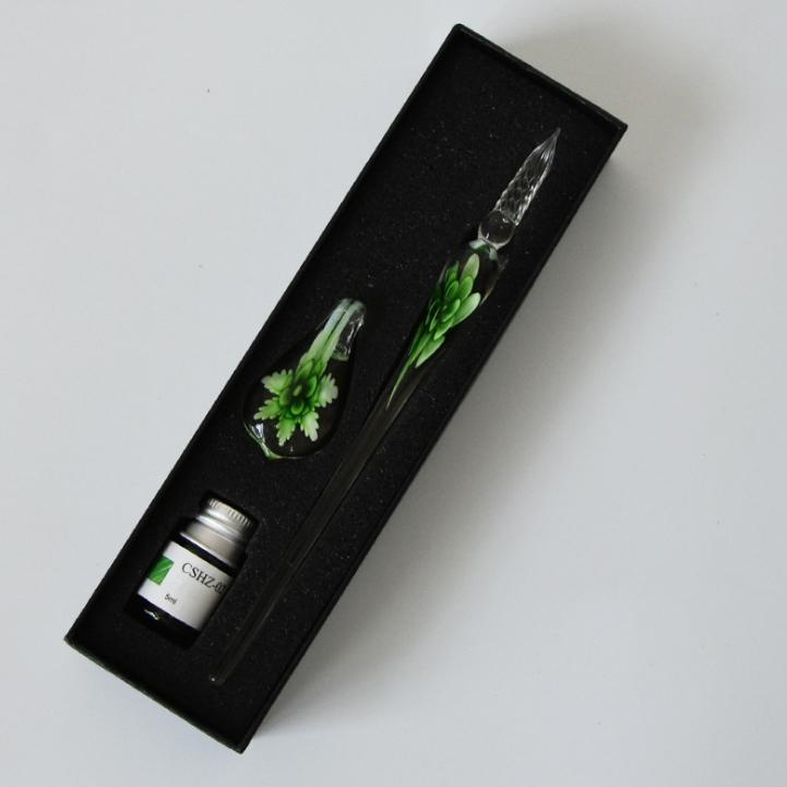 Set penna calligrafica in vetro con inchiostro e portapenne