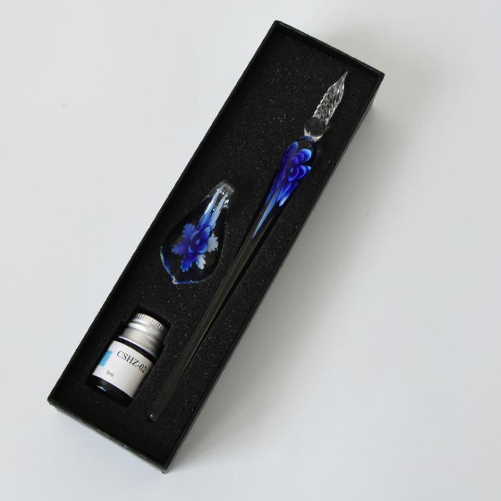 Set penna calligrafica in vetro con inchiostro e portapenne