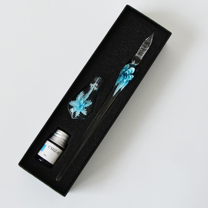 Set penna calligrafica in vetro con inchiostro e portapenne