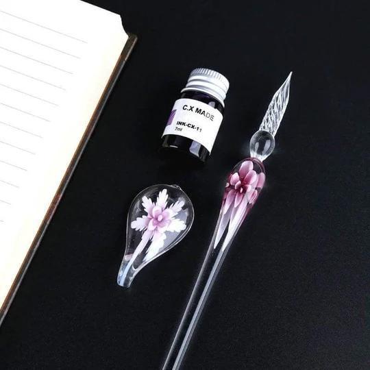 Set penna calligrafica in vetro con inchiostro e portapenne