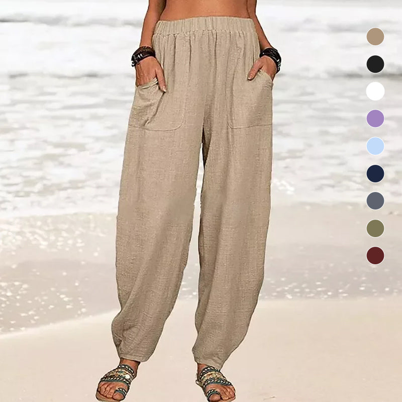Pantaloni casual da donna in cotone e lino a tinta unita