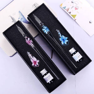 Set penna calligrafica in vetro con inchiostro e portapenne